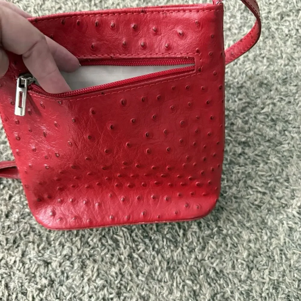 Red Ostrich Leather Crossbody‎ Bag Textured Small Shoulder Purse Zip Top Pocket